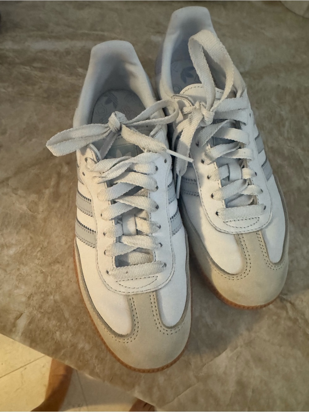 White and Baby Blue adidas samba sneakers (7.5)
